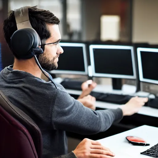 Prompt: the typical reddit moderator, using their computer while wearing a headset