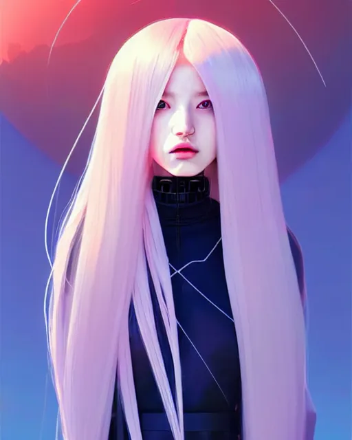 Image similar to perfect android girl family, full body character design, artgem, scifi, futuristic design, bae suzy, long white hair!!!, blue eyes, bold fashion and strong silhouettes, cinematic lighting, highly detailed, artstation, divine, by huifeng huang, beeple, goro fujita, smooth gradient.