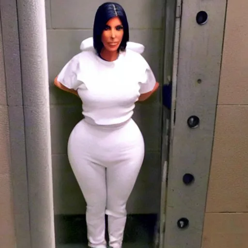 Prompt: real photo of a kim kardashian lookalike, behind bars. standing in jail cell