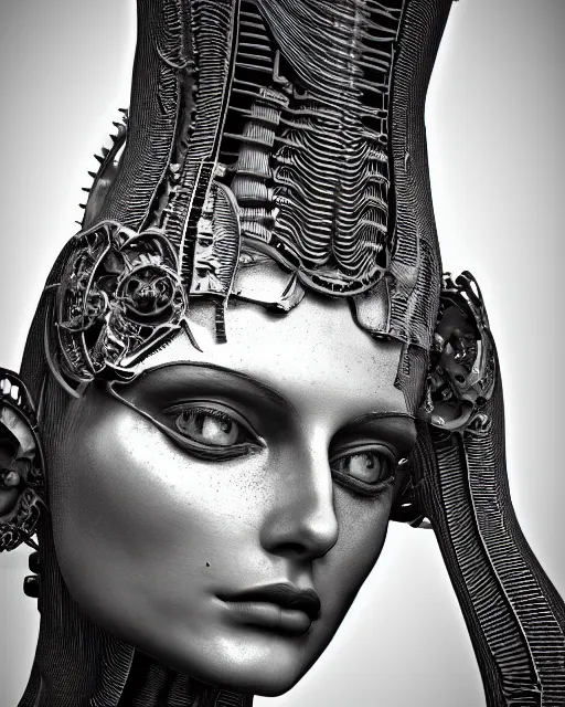 Image similar to mythical dreamy black and white organic bio-mechanical spinal ribbed profile face portrait detail of mechanical beautiful female angelic-vegetal-cyborg, highly detailed, intricate steampunk ornate, poetic, 3D render, digital art, octane render, 8K artistic photography, photo-realistic, by Dora Maar