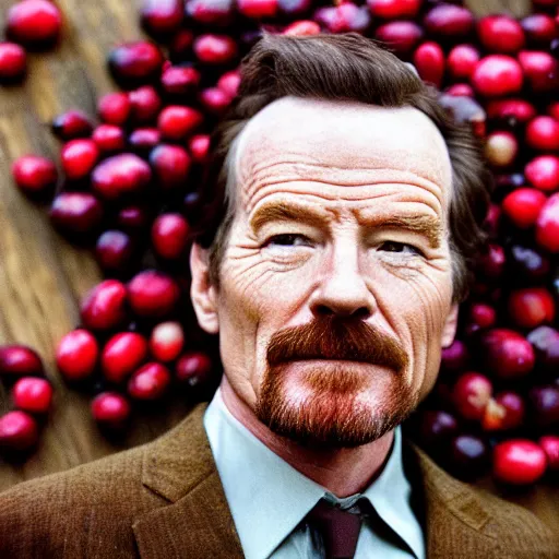 Image similar to tiny bryan cranston's body is a bowl of cranberries, head emerging from cranberries, natural light, sharp, detailed face, magazine, press, photo, steve mccurry, david lazar, canon, nikon, focus