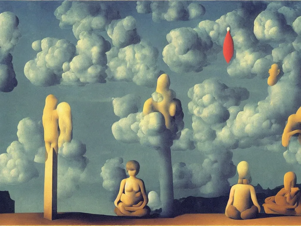 Prompt: cosmic lollipop with man and woman in meditation. painting by rene magritte, jan van eyck, max ernst, paul delvaux