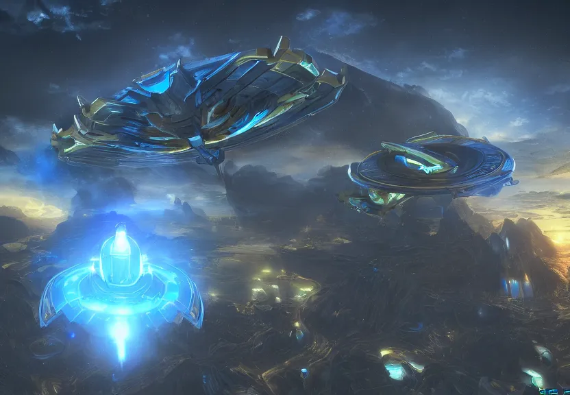 Image similar to protoss spaceship hovering above protoss city beautiful art uhd 4 k, artstation, hdr, 4 k, incredible detail, cinematic lighting, unreal engine 5