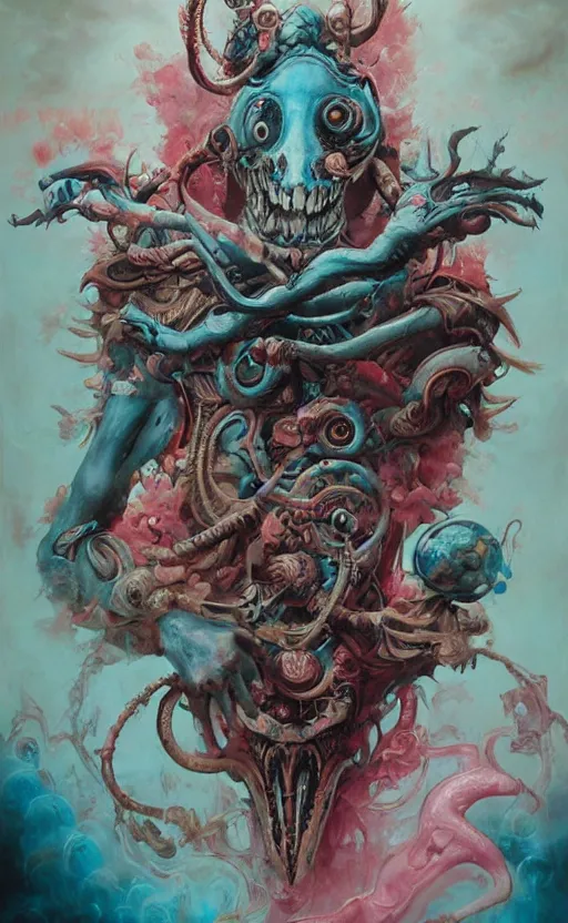 Image similar to a biomorphic painting of a warrior with edgy armor and eyeballs in it, a surrealist painting by Nychos, by Peter Mohrbacher, by Beksinski, pastel blues and pinks, featured on artstation, metaphysical painting, oil on canvas, fluid acrylic pour art, airbrush art,