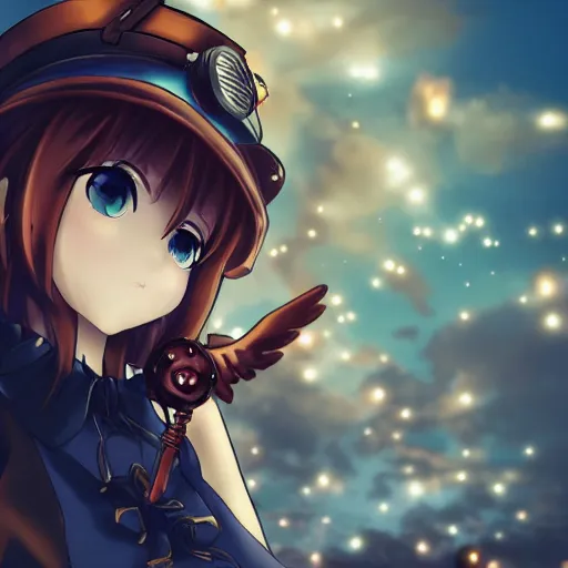 Image similar to anime girl with copper steampunk wings winking, extremely detailed, cinematic lighting, portrait, beautiful, sky,