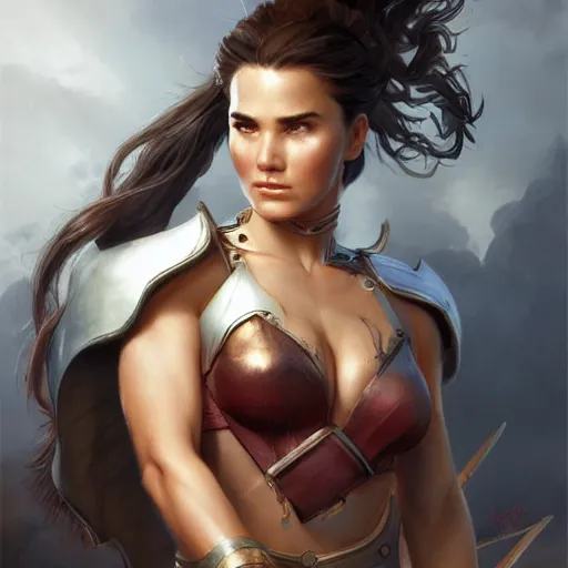 Image similar to young Jennifer Connelly as a warrior by Stanley Artgerm Lau, WLOP, Rossdraws, Frank Frazetta, Andrei Riabovitchev, Marc Simonetti, trending on artstation.