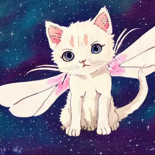 Prompt: a cute kitten with fairy wings, in the style of studio ghibli