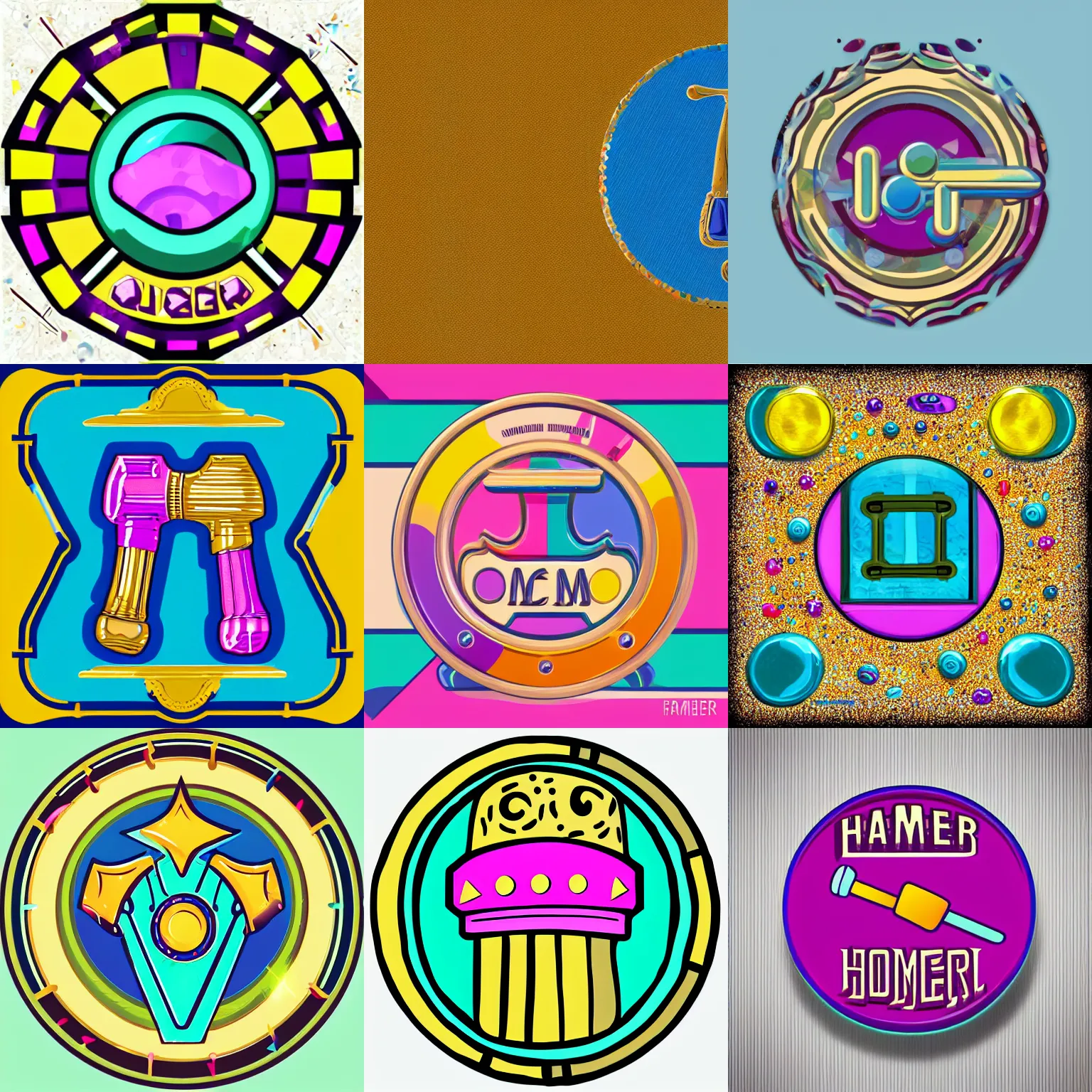 Prompt: 🔨 hammer icon designed by lisa frank, vector graphics forum badge, svg, symmetrical, transparent background, cute, metal, enamel, cloissonne, vintage, guilloche, gem stones, gilt, swarovski