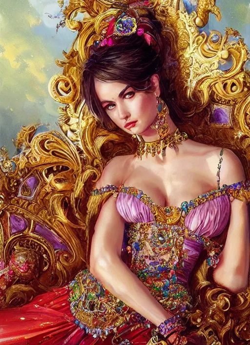 Prompt: an woman in an elaborate and ornate dress lying down on a background of colorful jewels. beautiful highly detailed face. painting by artgerm and greg rutkowski and magali villanueve.
