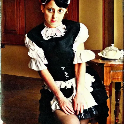 Prompt: ladies versus butlers! french maid laying on dining room table, innocent face, cute pose