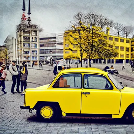 Prompt: a yellow trabant in berlin, illustration