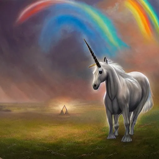 Image similar to a stunning detailed mate painting of a humonid unicorn dancing under a rainbow on a graveyard'by wayne barlowe, existential horror, trending on cgsociety artstation, highly detailed, 8 k, masterpiece, super resolution.