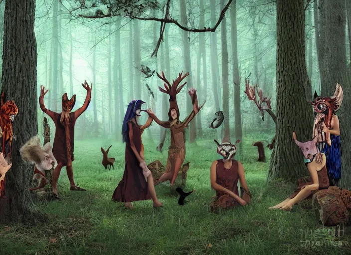 Prompt: forest pagan ritual with people with animal masks by andrews, esao, digital art