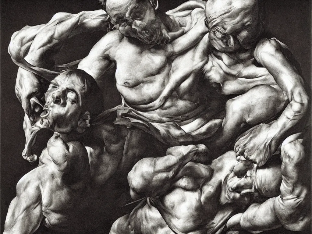Image similar to Calvin, The tired, sweaty, muscular worker of the golden arches. Painting by Caravaggio, Sebastiao Salgado