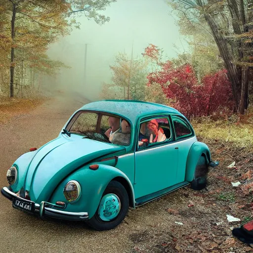 Prompt: promotional scifi - mystery movie scene of a ( volkswagen beatle ) and ladybug hybrid that's more ladybug. racing down a dusty back - road in smokey mountains tennessee. cinematic, 4 k, imax, 7 0 mm, teal autochrome, hdr