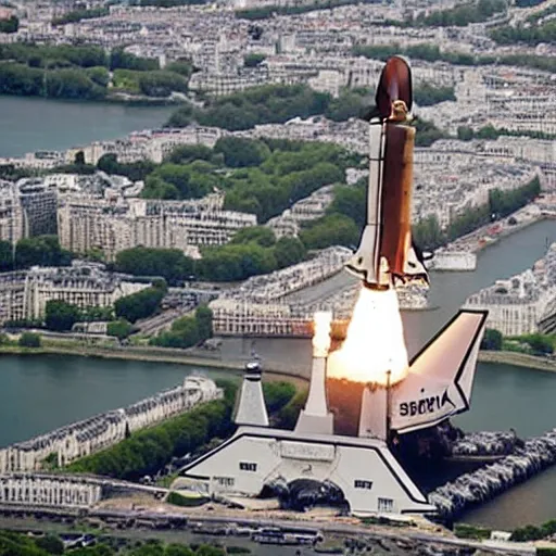 Image similar to nasa space shuttle crashes into eiffel tower