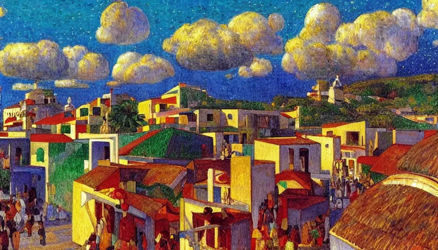 Prompt: a 1 9 9 8 brazilian nordeste town designed by jules bastien - lepage, tarsila do amaral, frank weston and gustave baumann, trending on artstation, mediterranean, star, sharp focus, colorful refracted sparkles and lines, soft light, 8 k 4 k