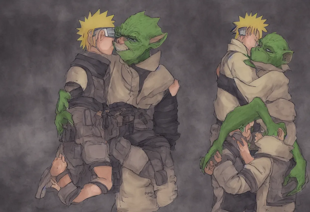 Image similar to high resolution concept art of naruto and yoda kissing in paris