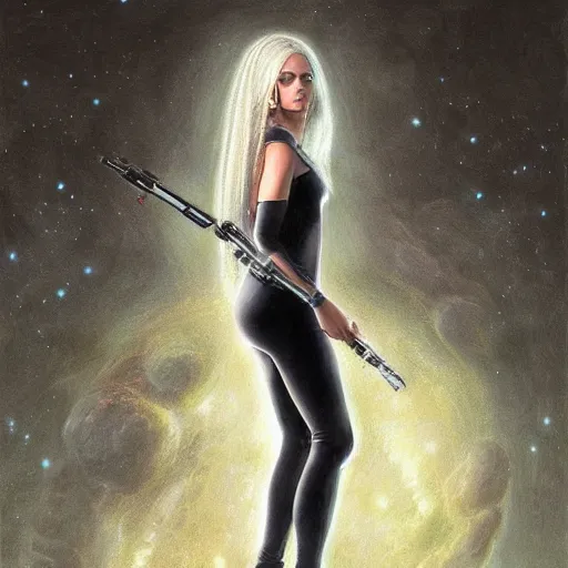 Image similar to pleiadian woman with big eyes and long silver hair wearing a dark body suit and holding a plasma gun as a realistic sci fi character, portrait art by donato giancola and greg rutkowski, digital art, trending on artstation, standing in a barren field, full body, long silver hair