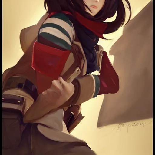 Prompt: greg manchess portrait painting of mikasa ackerman with red scarf in military uniform as overwatch character, design in overwatch style, medium shot, asymmetrical, profile picture, organic painting, sunny day, matte painting, bold shapes, hard edges, street art, trending on artstation, by huang guangjian and gil elvgren and sachin teng