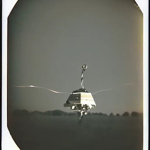 Prompt: old polaroid depicting a small spheric metallic alien probe, hovering at a clearing