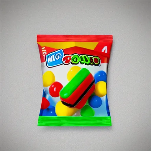 Prompt: Mario Kart Double Dash gummy candy bag. Creative unique sweets product design.