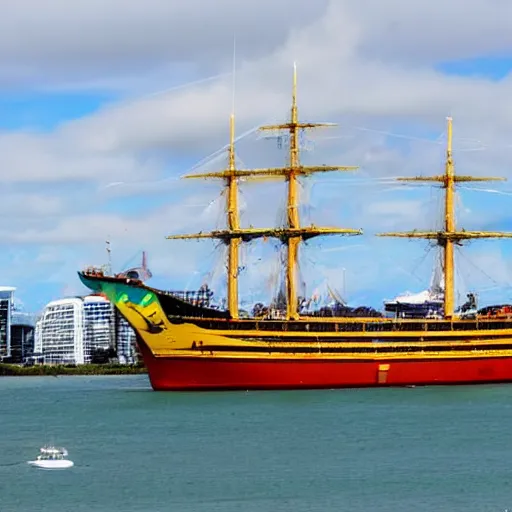 Image similar to fantasy ship sailing through Auckland Harbor