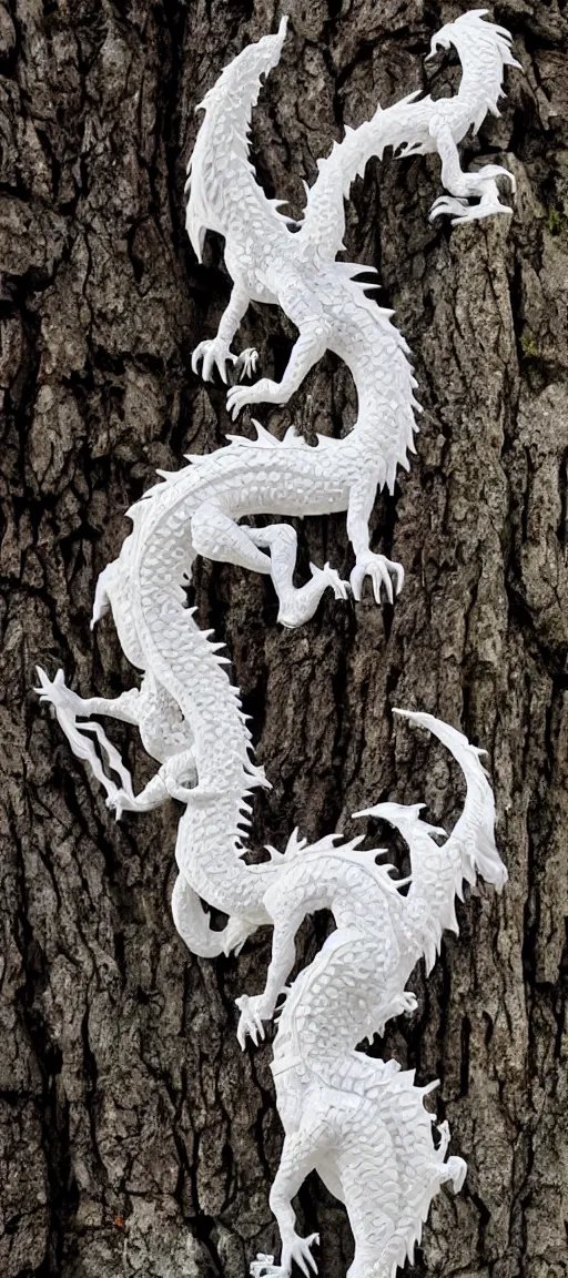 Image similar to a beautiful white dragon twisted around an ancient tree, intricate, maximalist, bright, clear,