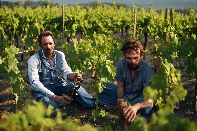 Prompt: cinematography plein air painters in a vineyard in France by Emmanuel Lubezki