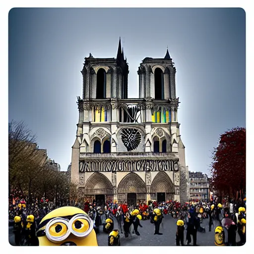 Image similar to “minions laughing as the Notre dame burns behind them, 4k, digital art, award winning”