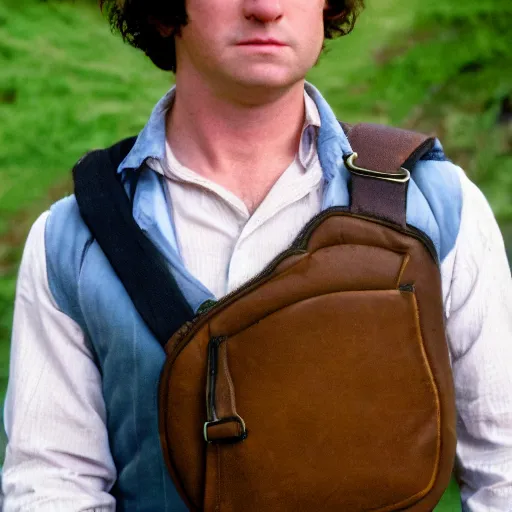 Image similar to close up of a frowning clean shaven pudgy British lad with short curly dark brown hair as a hobbit wearing a white men's crossbody sling chest bag and blue vest, blue vest!! white crossbody chestbag!! high resolution film still, movie by Peter Jackson
