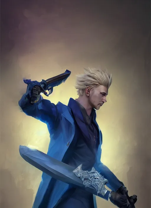 Image similar to side profile of a man with blonde hair in a blue suit wielding a large sword and a gun in a holster, fantasy, digital painting, volumetric light, intricate, sharp, focus, bloom, illustration, highly detailed, concept art, matte, ruan jia, randy vargas, greg rutkowski