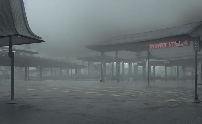 Image similar to a strange exterior of the port byron travel plaza in upstate new york, moody scene directed by charlie kaufman ( 2 0 0 1 ) anamorphic lenses, foggy volumetric light morning, cinematic trending on artstation in the style of greg rutkowski