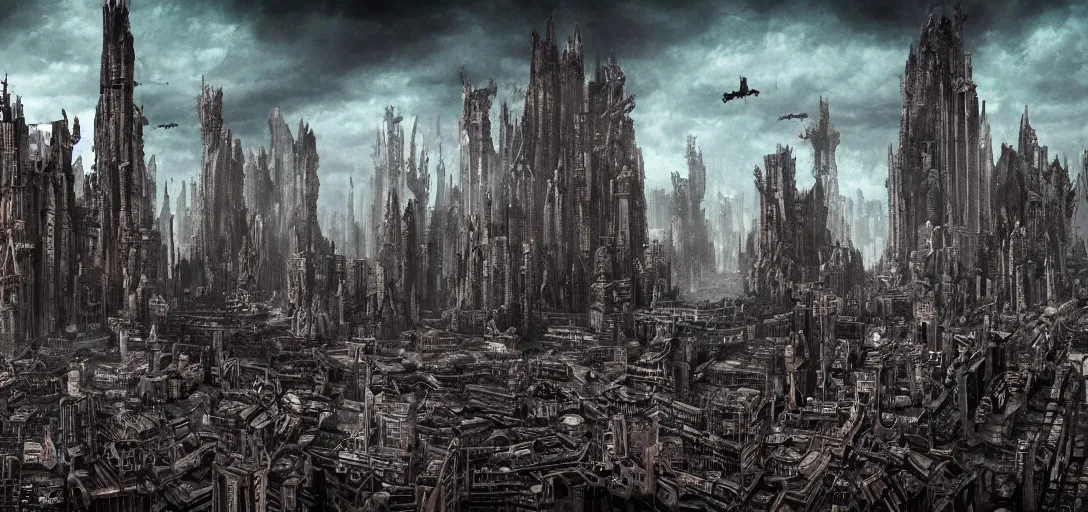 Image similar to Mega City with Monsters flying around it, gothic art, color, eerie, horror, scary, ominous, 8k, highly detailed