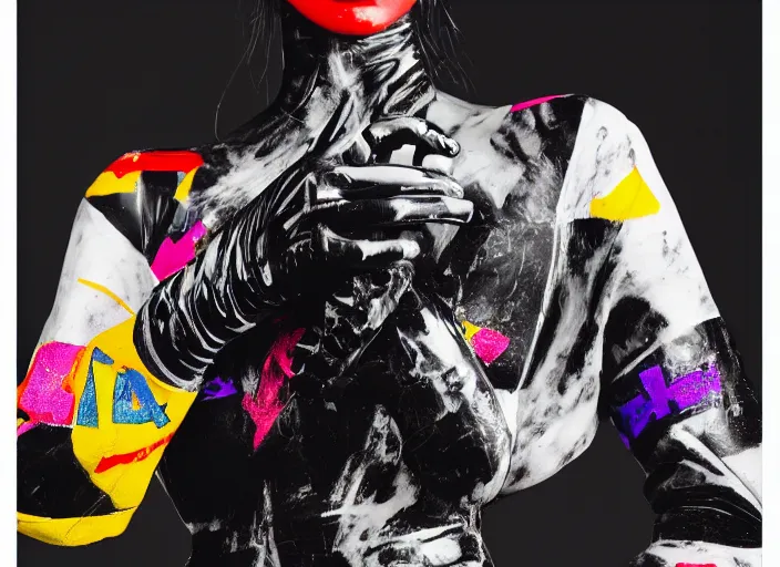 Prompt: extremely beautiful female black marble statue in the style of virgil abloh, colorful motocross logos behind her, sharp focus, clear, detailed,, cinematic, detailed, off white, glamourous, symmetrical, vogue, editorial, fashion, magazine shoot, glossy