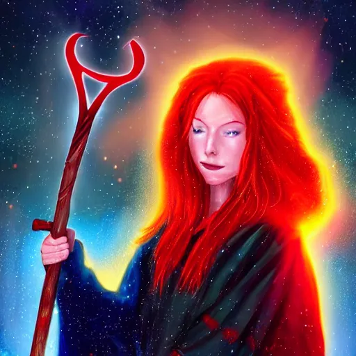 Image similar to red headed woman dressed in dark blue wizard robes holding a wooden staff covered in glowing red runes topped with a glowing gem. background of snowy mountains. fantasy painting.