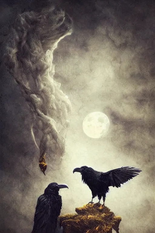 Prompt: Intricate stunning highly detailed surreal ravens by agostino arrivabene and Seb McKinnon, sculpture, ultra realistic, Horror, dramatic lighting, full moon, blood moon, thick black swirling particle smoke tornado, fire embers, trending on artstation