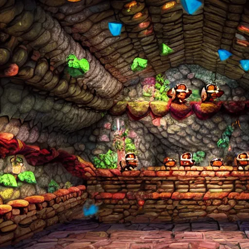 Image similar to Donkey Kong in a beautiful cave, with crystals on the walls.