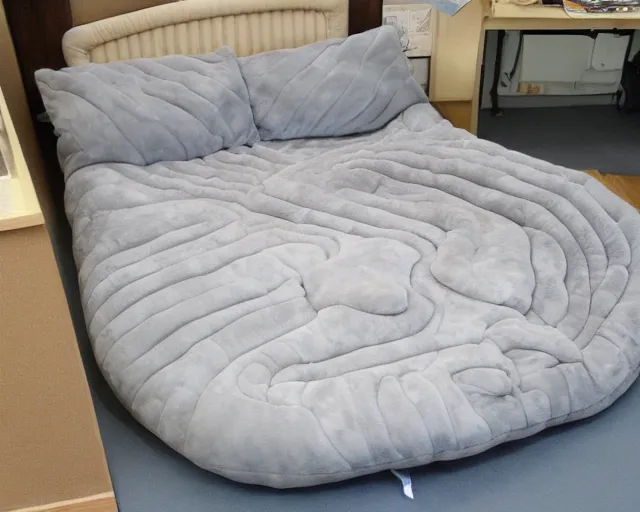 Image similar to bed in the shape of a tardigrade. sleeping on a giant tardigrade plush doll. quilted plush, soft, downy, comfortable. multiple limbs, panarthropoda, water bear!