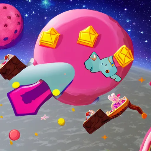 Image similar to Howl's Moving Candy Castle In Space With Flying Pigs