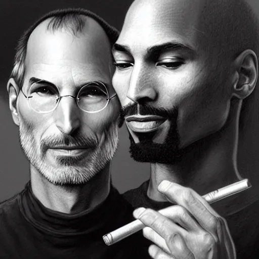 Prompt: Portrait of steve jobs and tupac smoking pot in heaven, fantasy, intricate, elegant, highly detailed, digital painting, artstation, concept art, smooth, sharp focus, illustration, art by artgerm and greg rutkowski and alphonse mucha