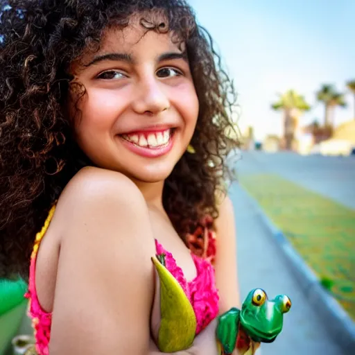 Prompt: Beautiful Moroccan girl holding her favourite frog smiling curly hair sharp depth of field photo