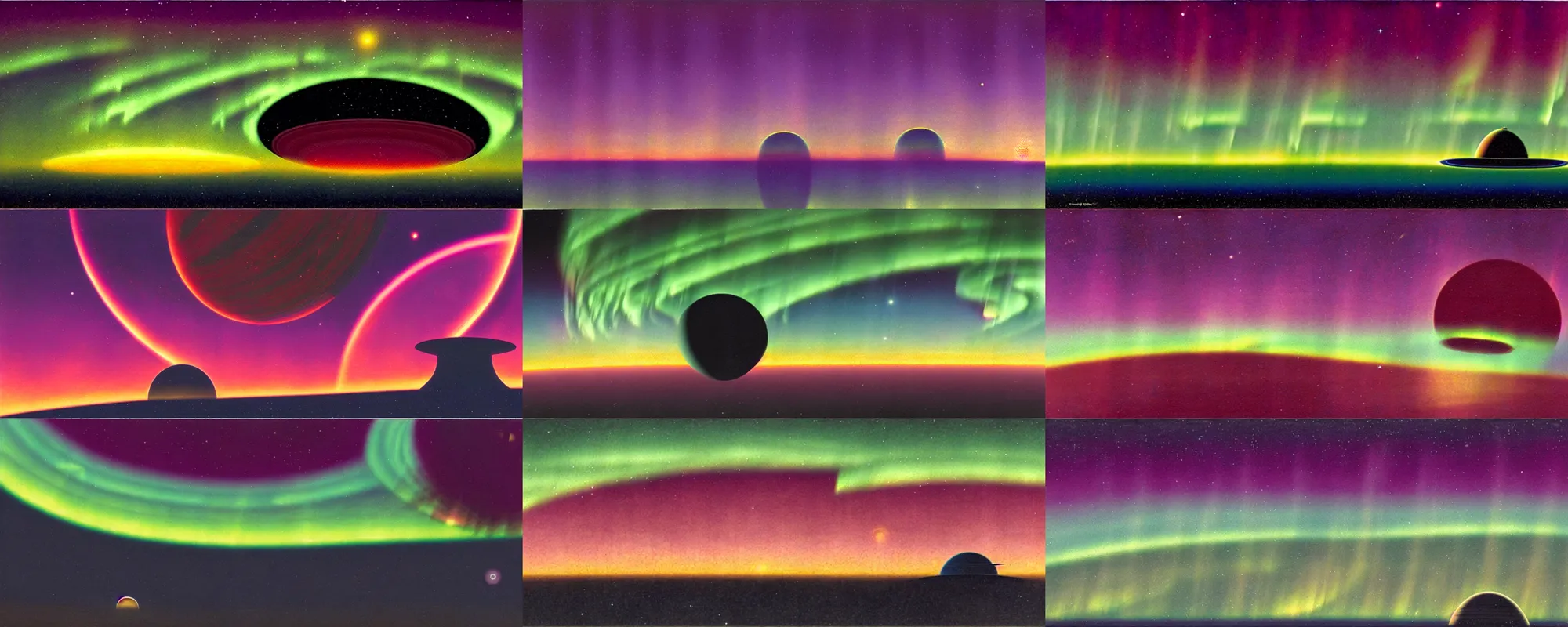 Prompt: the super giant saturn rises above the horizon through the aurora, art deco, by john harris.