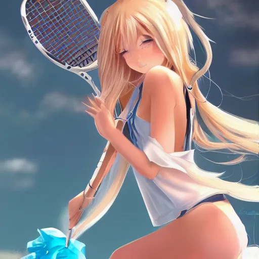 Image similar to a very beautiful young anime tennis girl, full body, long wavy blond hair, sky blue eyes, full round face,, bikini, miniskirt, front view, mid - shot, highly detailed, cinematic wallpaper by stanley artgerm lau