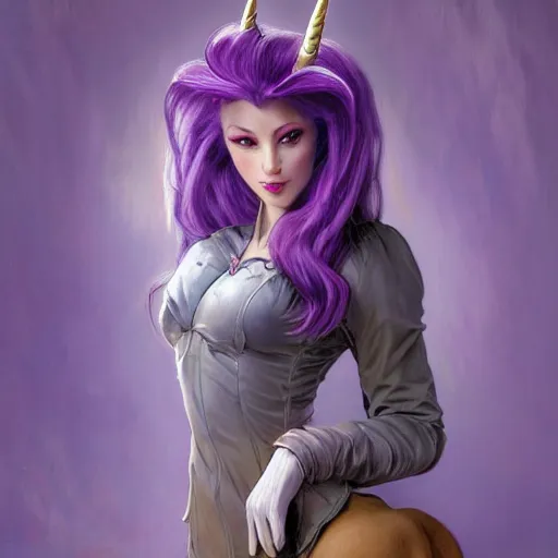 Image similar to portrait of a menacing beautiful Rarity, unicorn mare, short muzzle, top half of body, My Little Pony, by Stanley Artgerm Lau , greg rutkowski, thomas kindkade, alphonse mucha, loish, norman rockwell, J. C. Leyendecker. bright purple mane, purple fur, angry complexion, beautiful detailed eyes, black rose frame. D&D, fantasy. Trending on artstation rule of thirds extremely detailed old illustration hd 4k