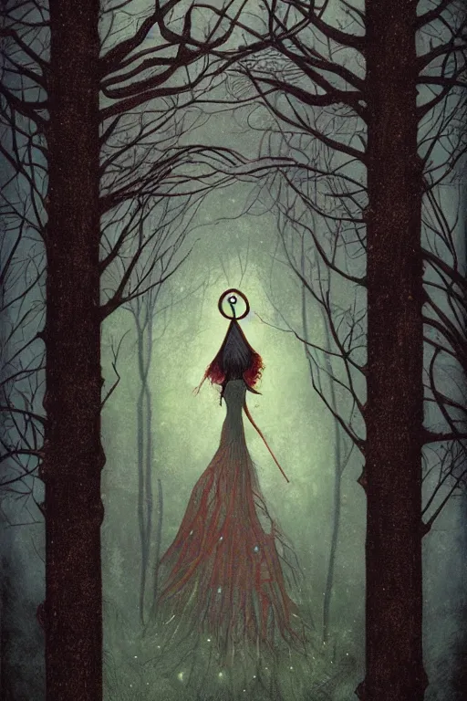 Image similar to tarot card, haunted woods, Art nouveau, by andy kehoe