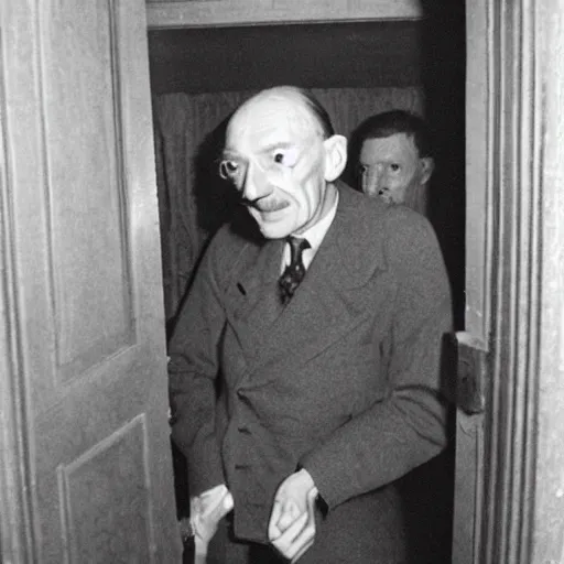 Image similar to grainy photo of clement atlee as a creepy monster in a closet, harsh flash