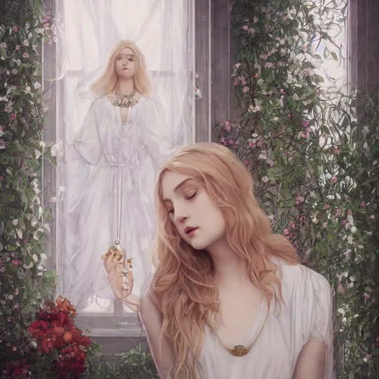 Image similar to a blonde girl in white dress in beautiful window, necklace with a fruit seed ornament, ocean eyes, light freckles, incense smoke and flowers in the background, portrait, mucha, conceptart, medium shot, unreal, octane, symmetrical, photorealism.