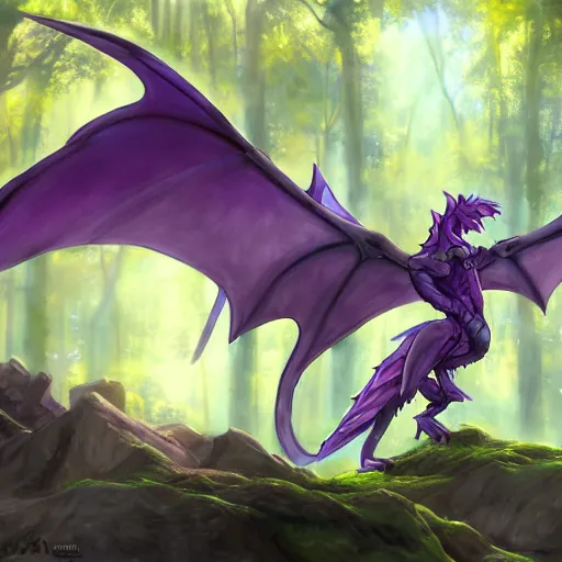 Image similar to concept art painting of an anthropomorphic purple anime anthro dragon, in the deep forest, realistic, detailed, cel shaded, in the style of makoto shinkai and greg rutkowski and james gurney