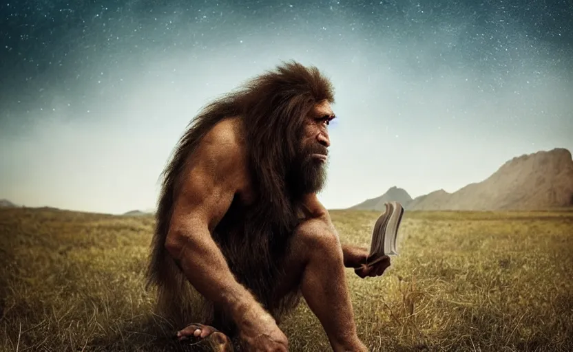 Prompt: a portrait of neanderthal read science book about him in middle of nowhere, perfect dynamic posture, dust, cinematic, perfect dynamic pose, perfect dynamic form, pinterest, very perfect position, award winning photo by national geographic, bokeh